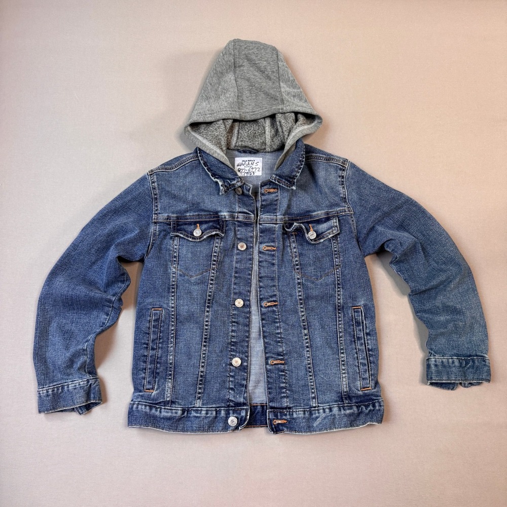 Old Navy Boys XL 14-16 Denim Jacket with Grey Jersey Hood Medium Wash Trucker